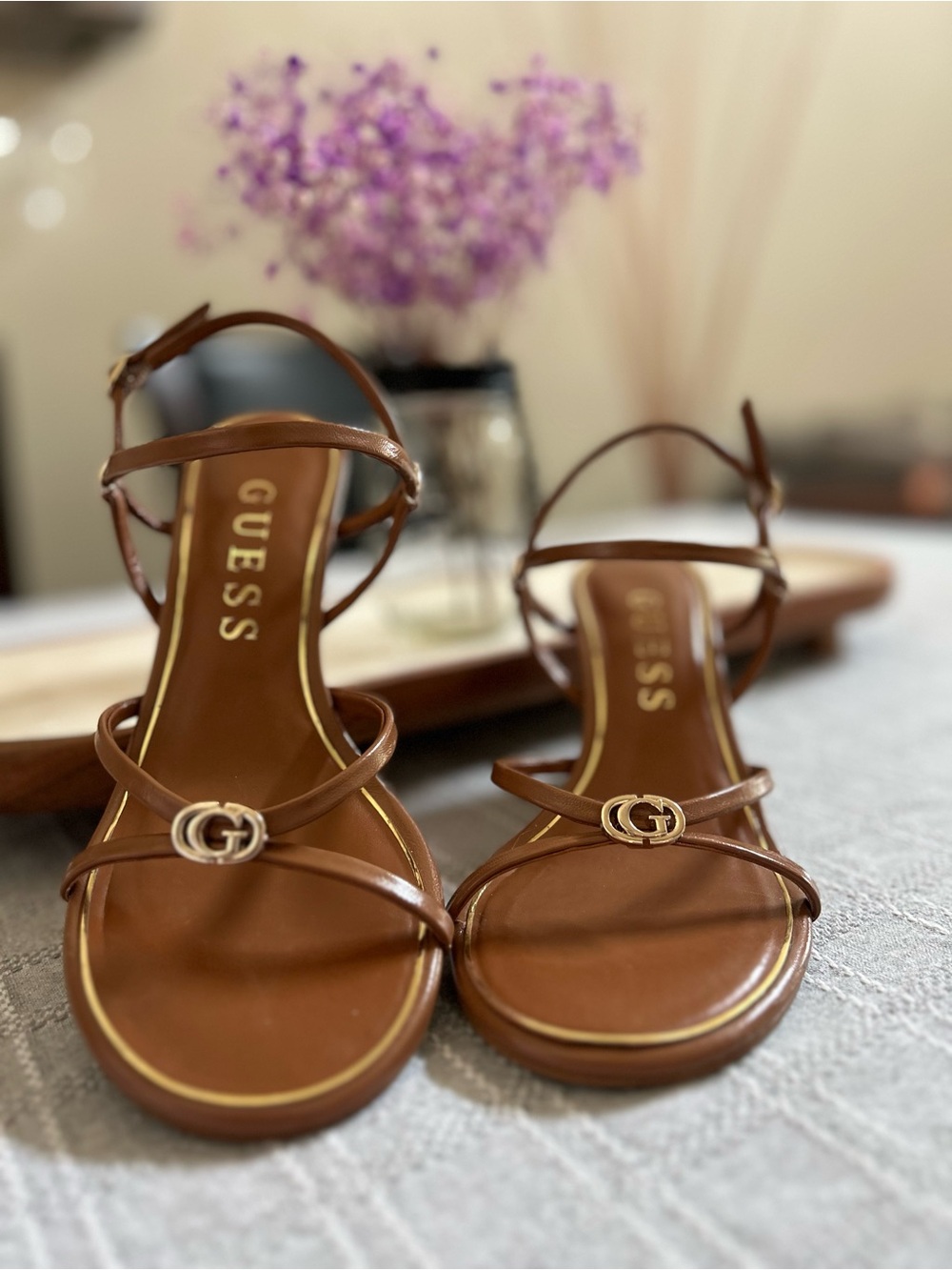 GUESS Brown Strappy Sandals with Gold Double-G Accent